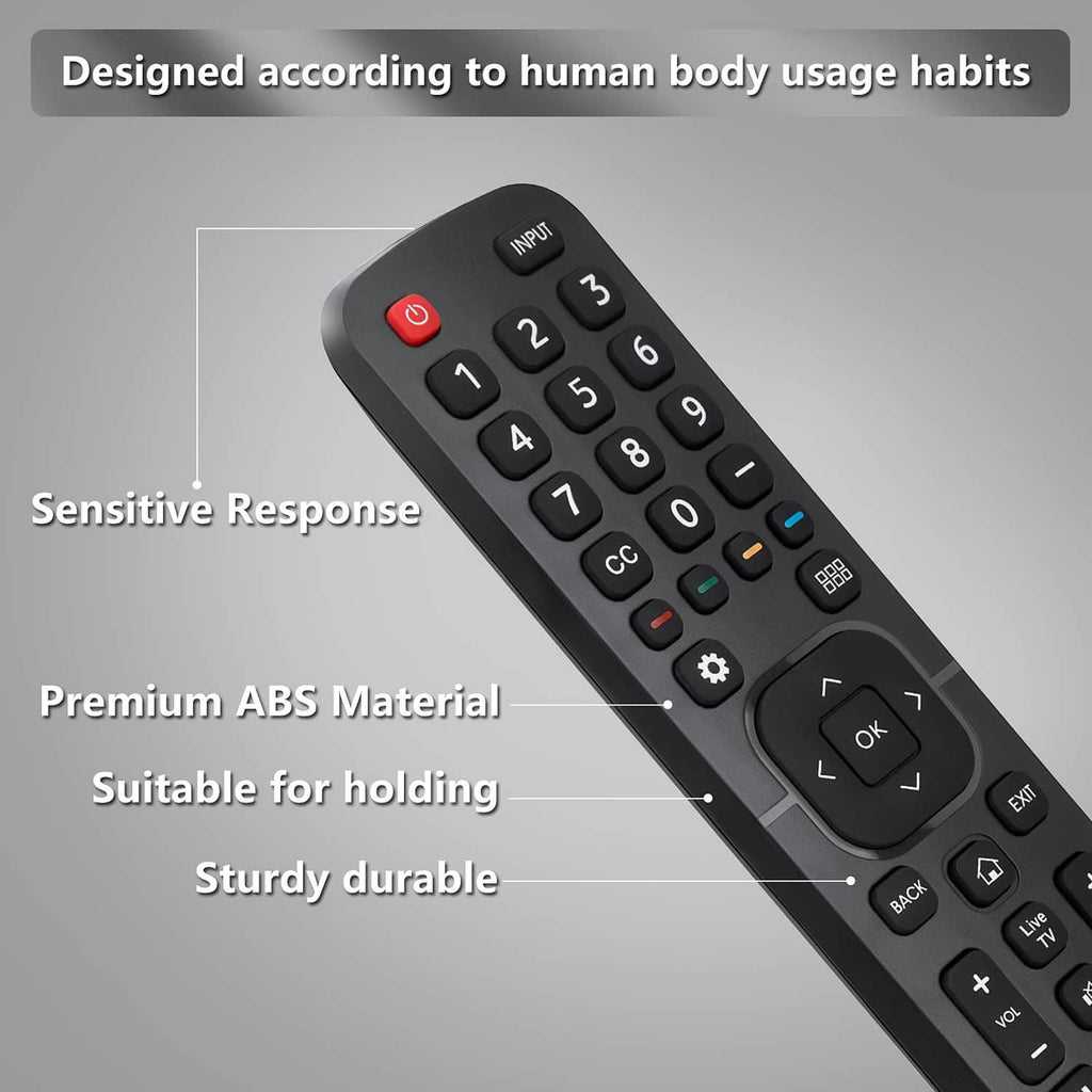 Black TV remote control with red power button, number pad, directional keys, and OK button