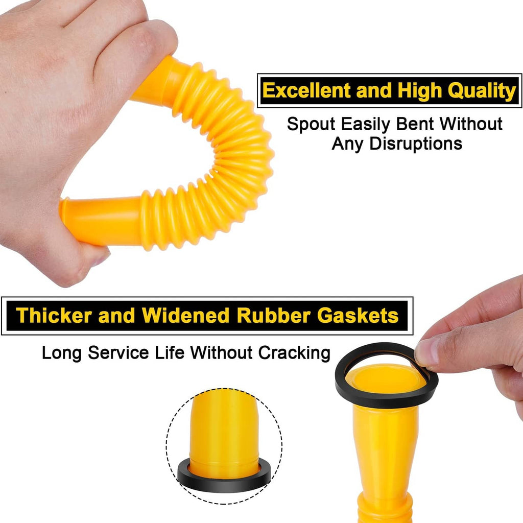 Yellow flexible gas can spout with gasket and hands holding the bent nozzle