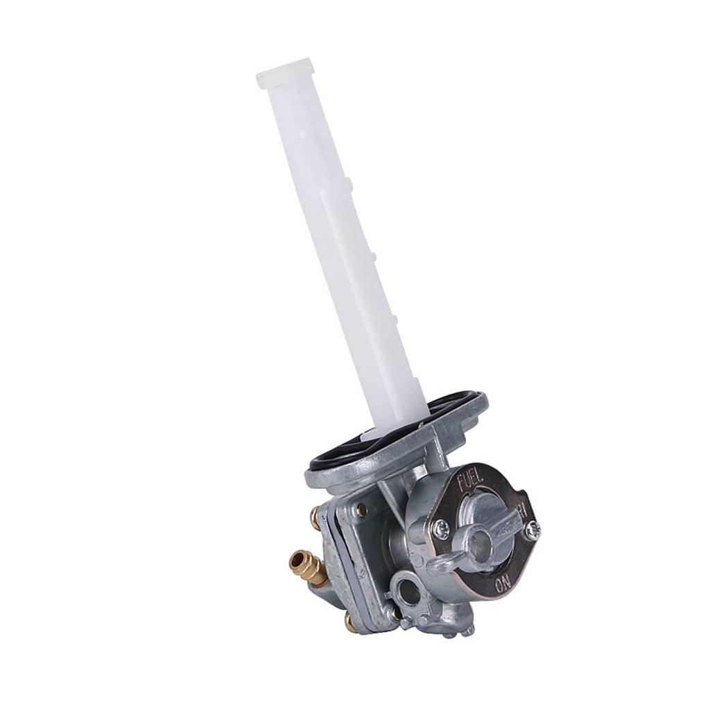 Fuel petcock valve switch with angled body, white lever, and brass outlet