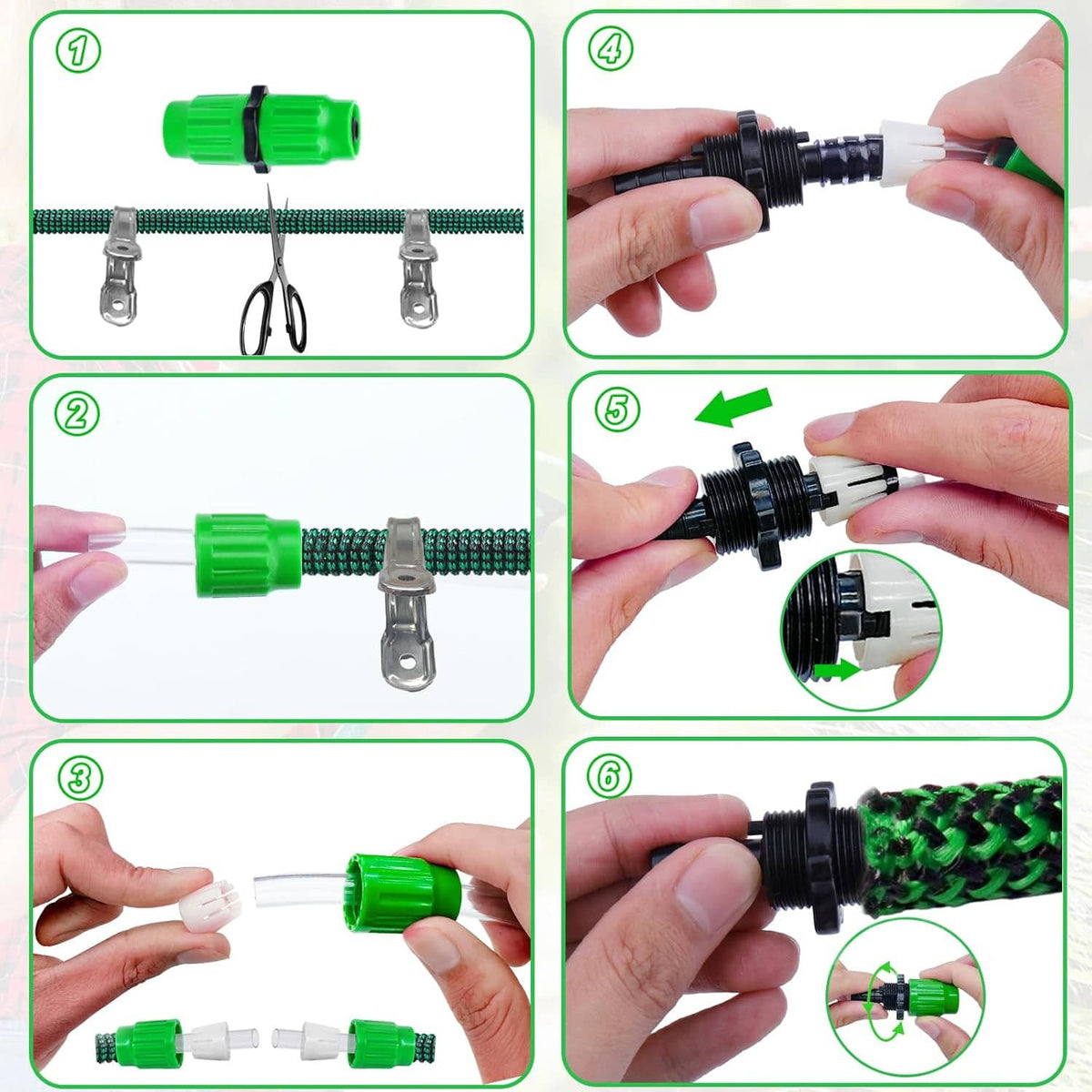 Expandable hose repair connectors shown being installed on a coiled garden hose segment