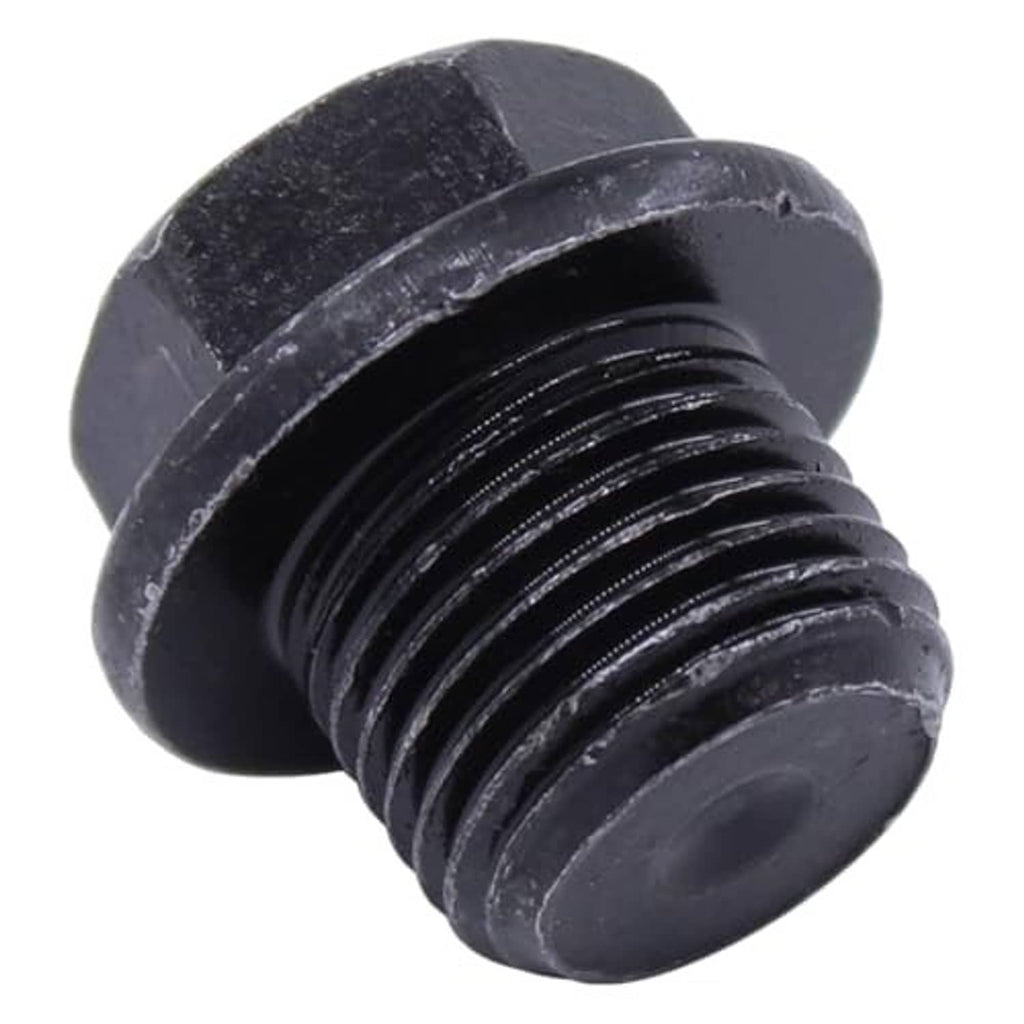 Oil drain plug with black hex head, visible threads, and beveled base
