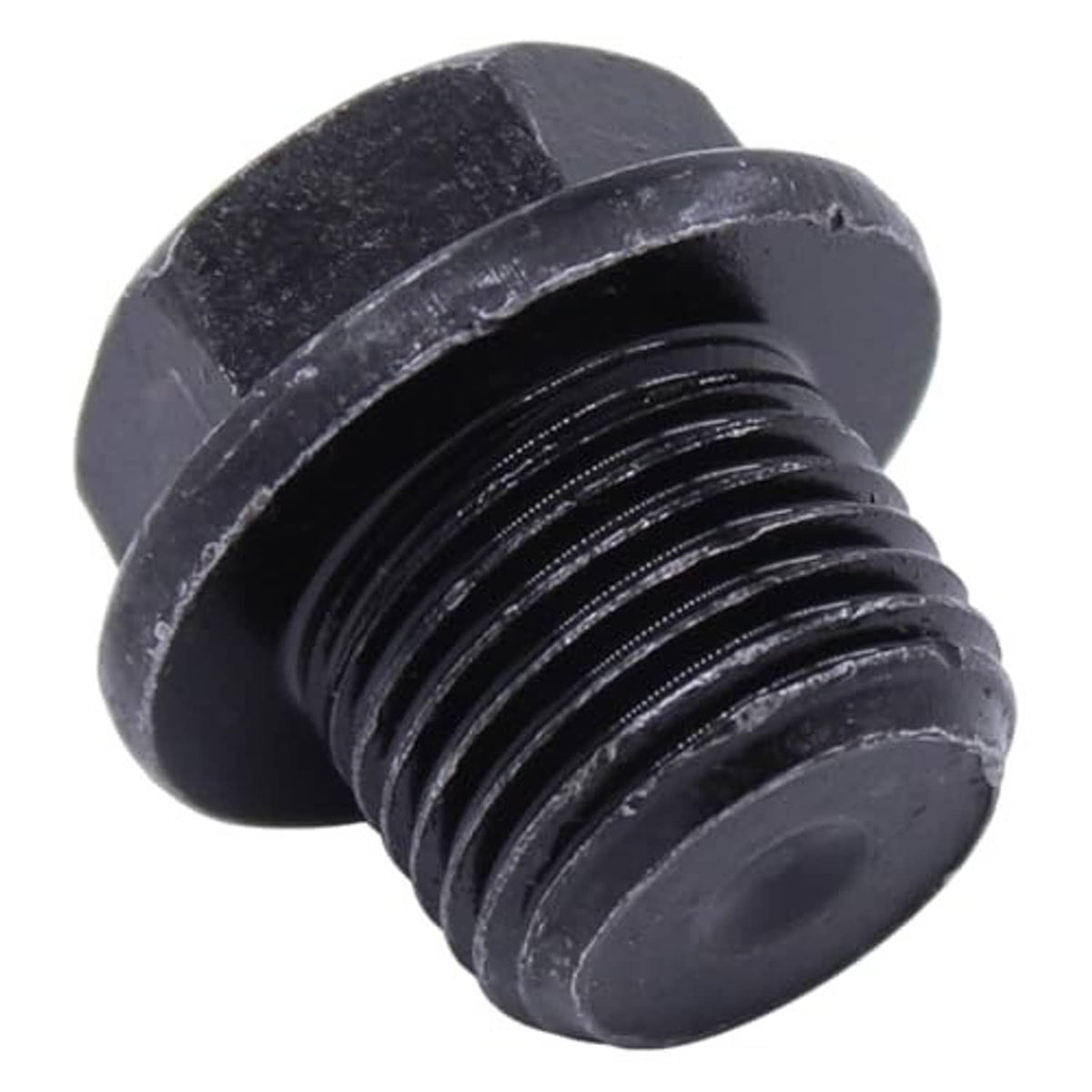 Oil drain plug with black hex head, visible threads, and beveled base