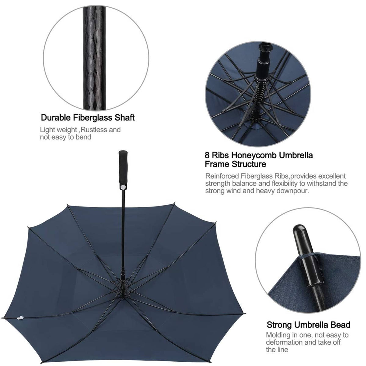 Navy blue golf umbrella with fiberglass shaft, honeycomb frame, and bead weight