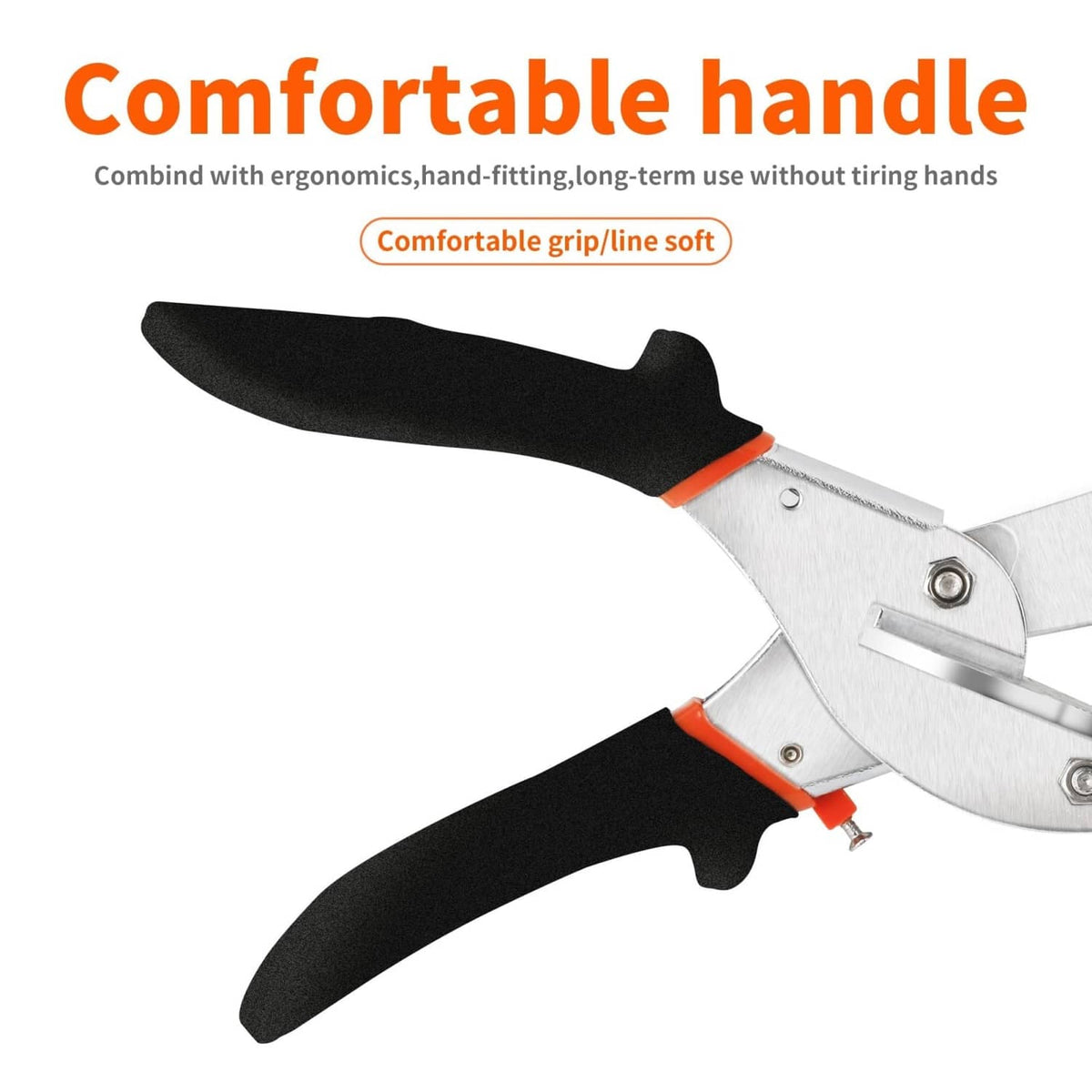 Adjustable miter shears with black ergonomic handle grips and silver metal cutting blade.