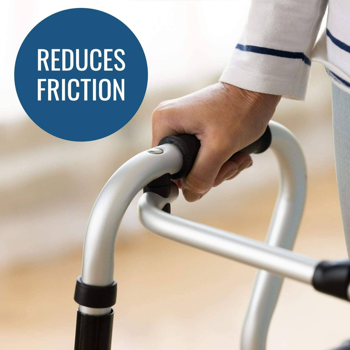 Walker grip with white ski glide pads intended to reduce friction during use