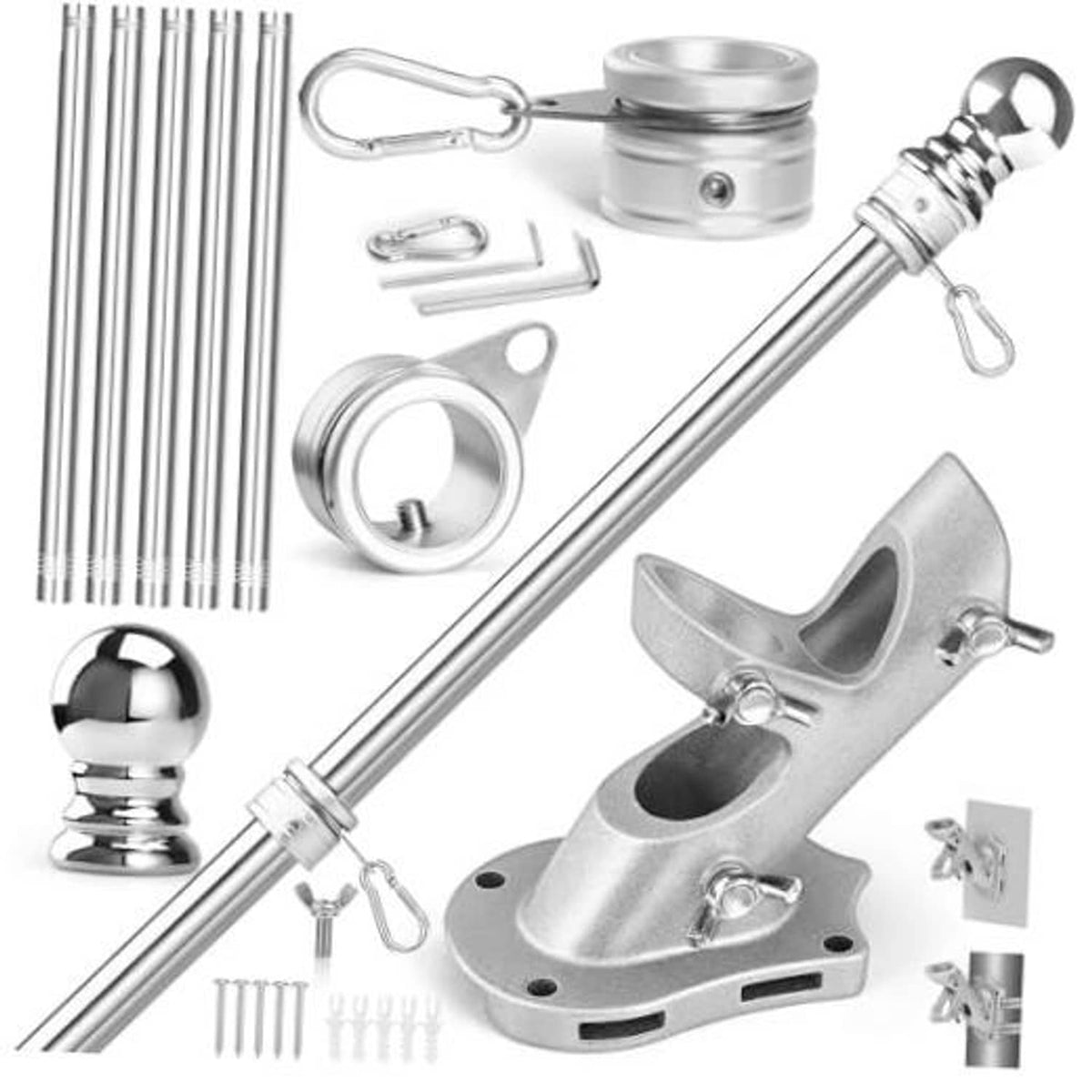 Stainless steel flag pole kit parts: pole sections, mount base, rings, clips, finial ball