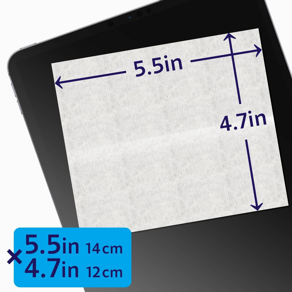 Pre-moistened lens wipe size, 5.5 in by 4.7 in