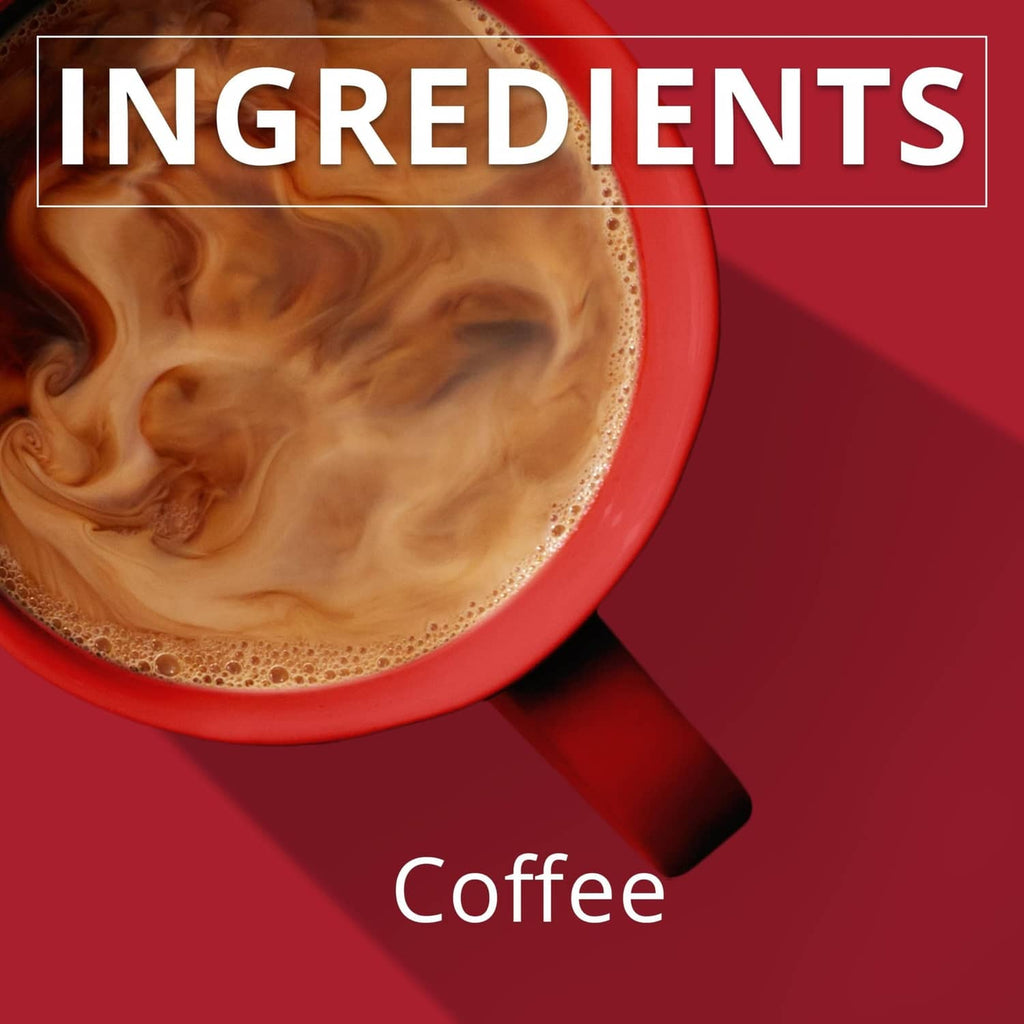 Coffee ingredients panel with 'Ingredients' and 'Coffee' text over brewed coffee.
