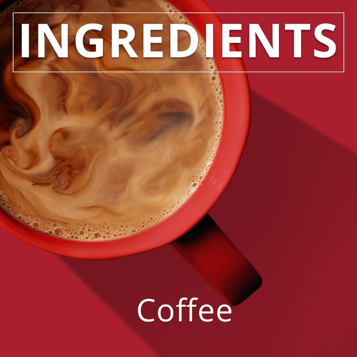 Coffee ingredients panel with 'Ingredients' and 'Coffee' text over brewed coffee.