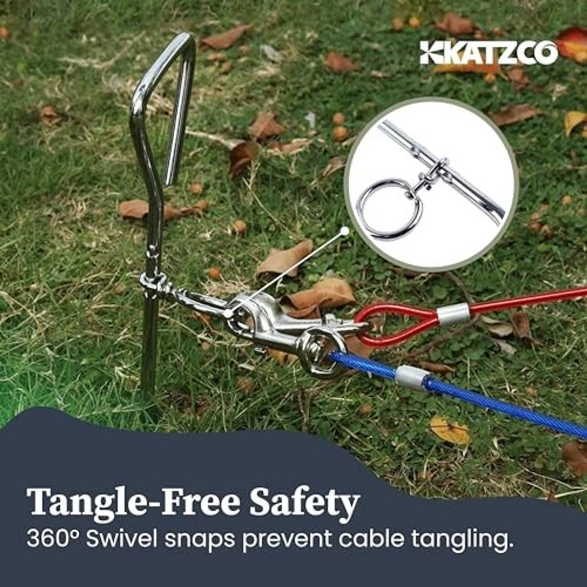 Chrome tie-out stake with swivel ring and attached red and blue tether lines