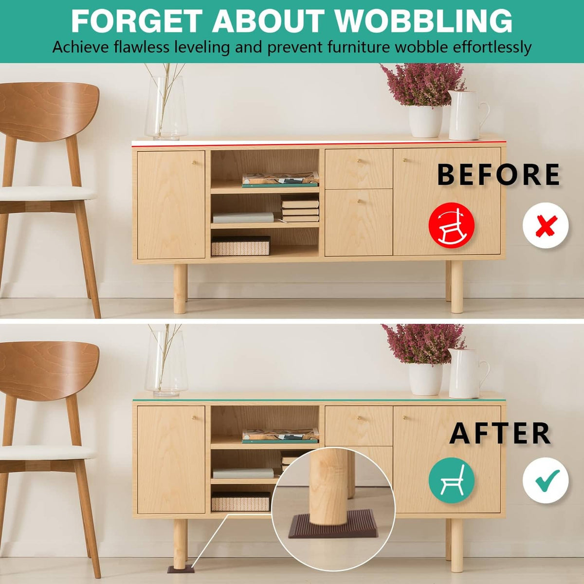 Brown rubber furniture leveler wedge fitted under cabinet leg
