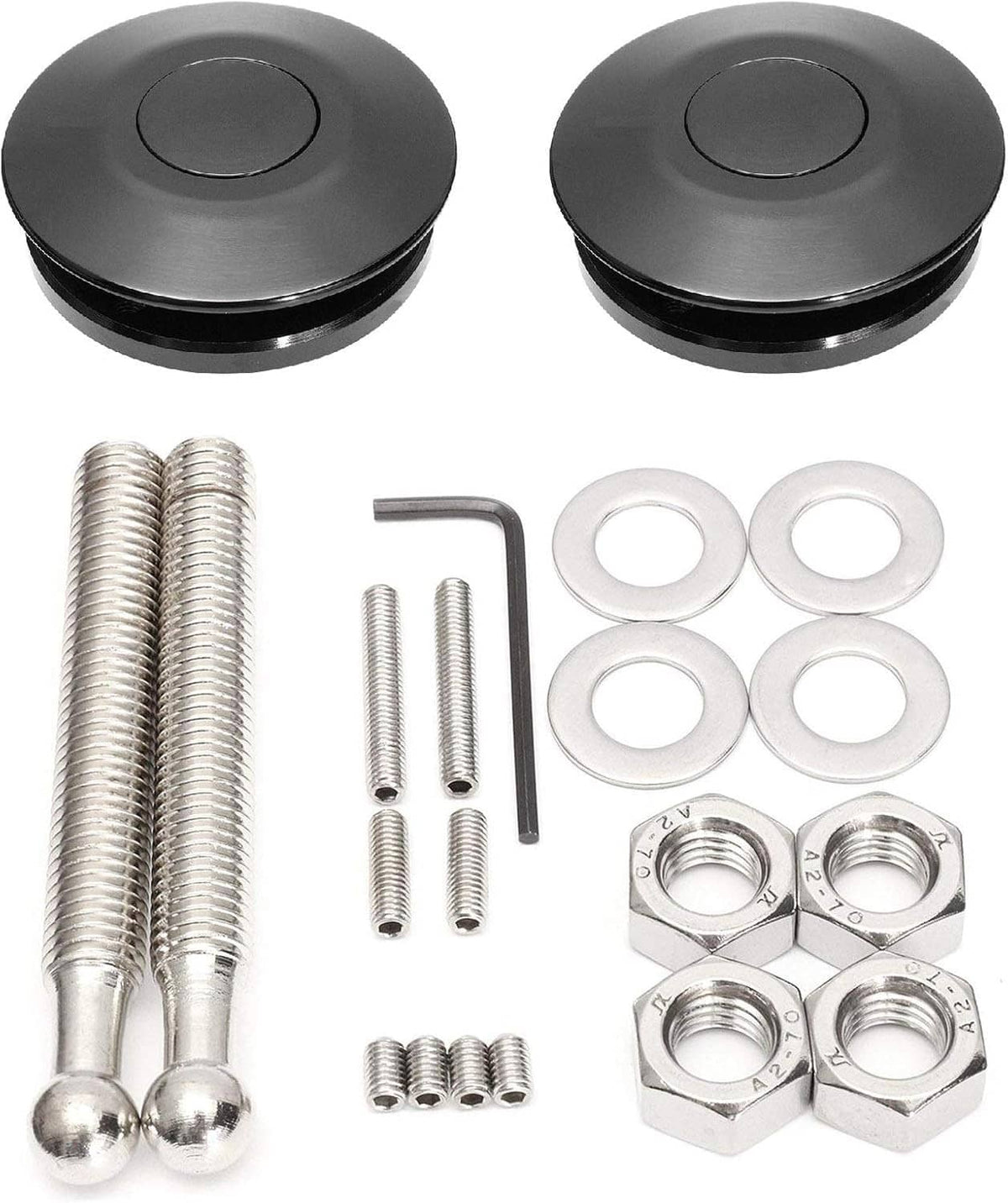 2-pack universal quick-release latch kit: black push buttons, bolts, washers, hex nuts