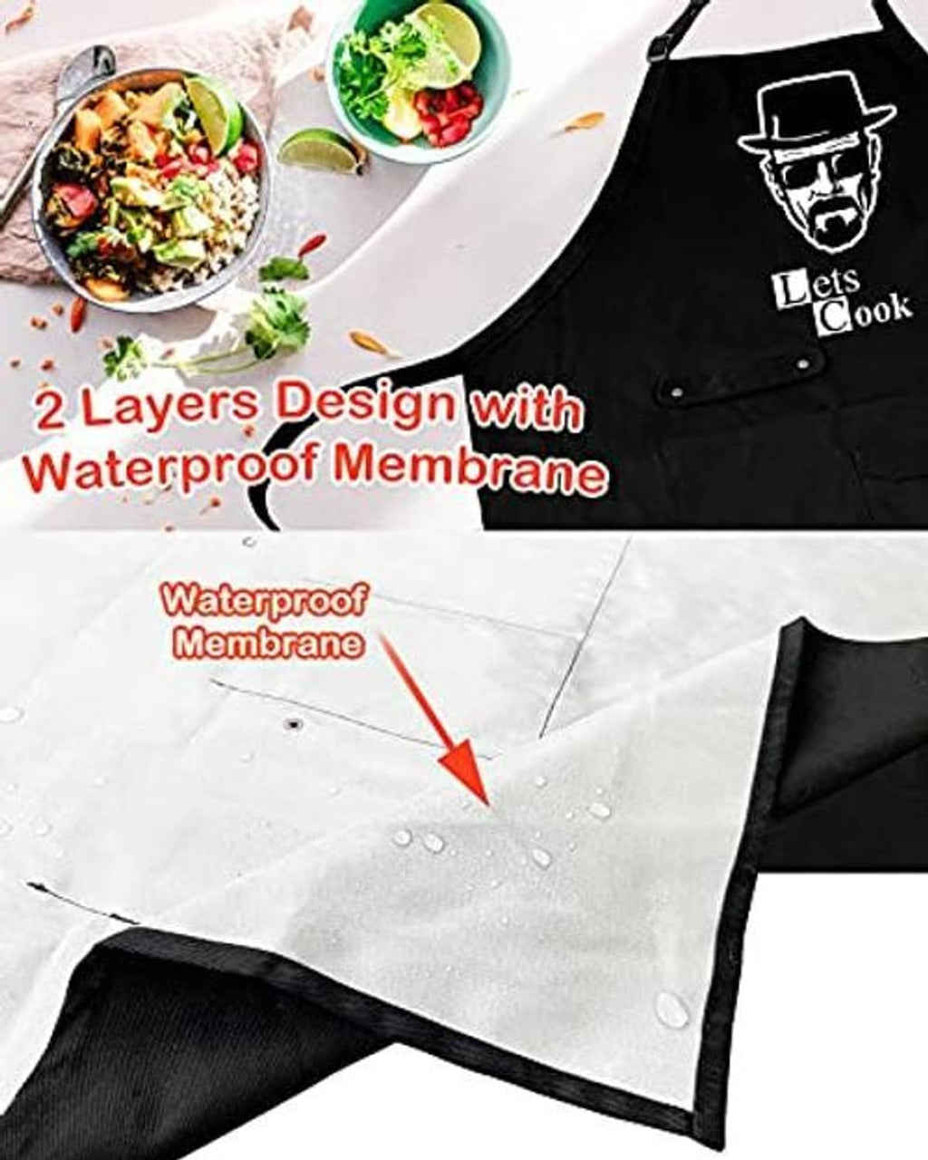 Black apron fabric close-up with water droplets and "Let's Cook" chest graphic