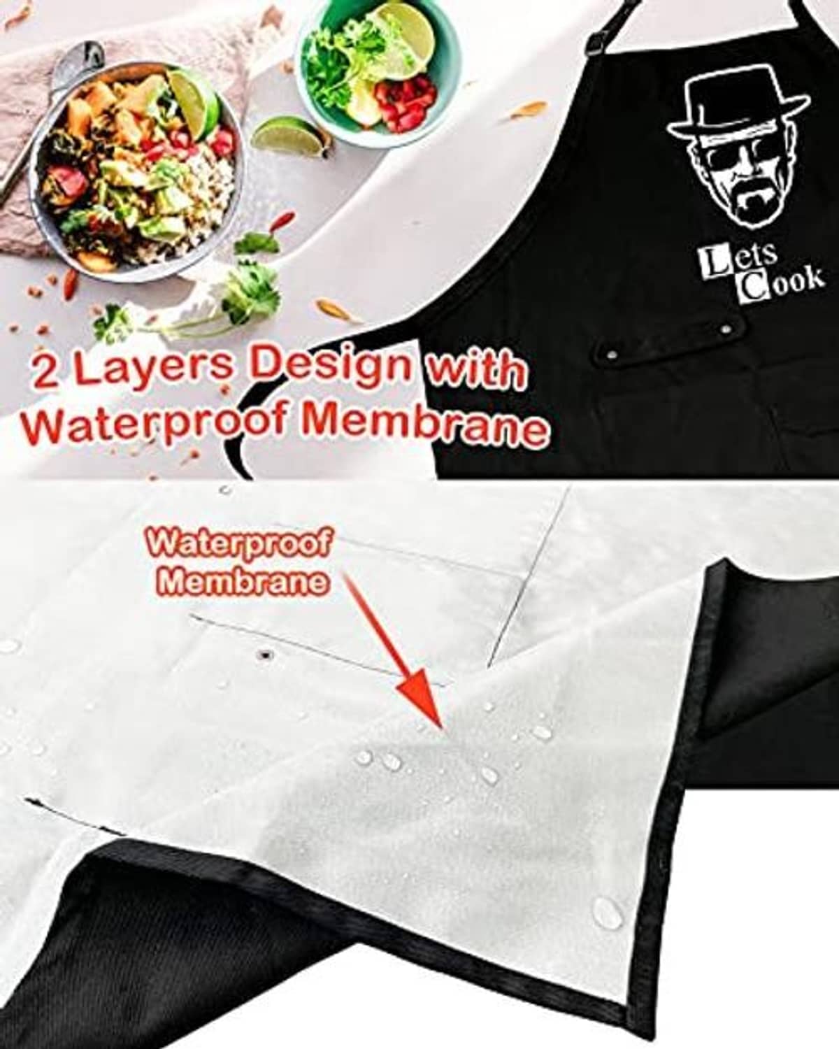 Black apron fabric close-up with water droplets and "Let's Cook" chest graphic
