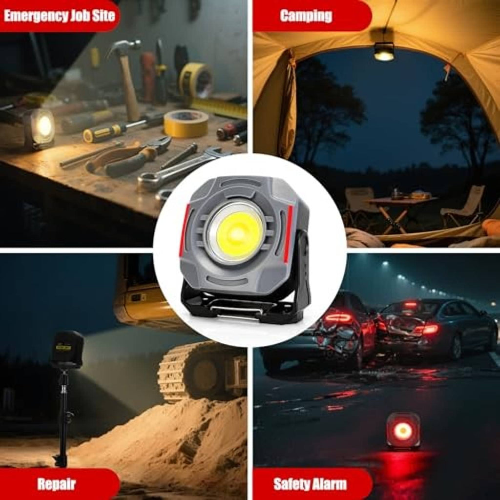 Rechargeable work light with LED glowing, gray body, spotlight beam for outdoor use