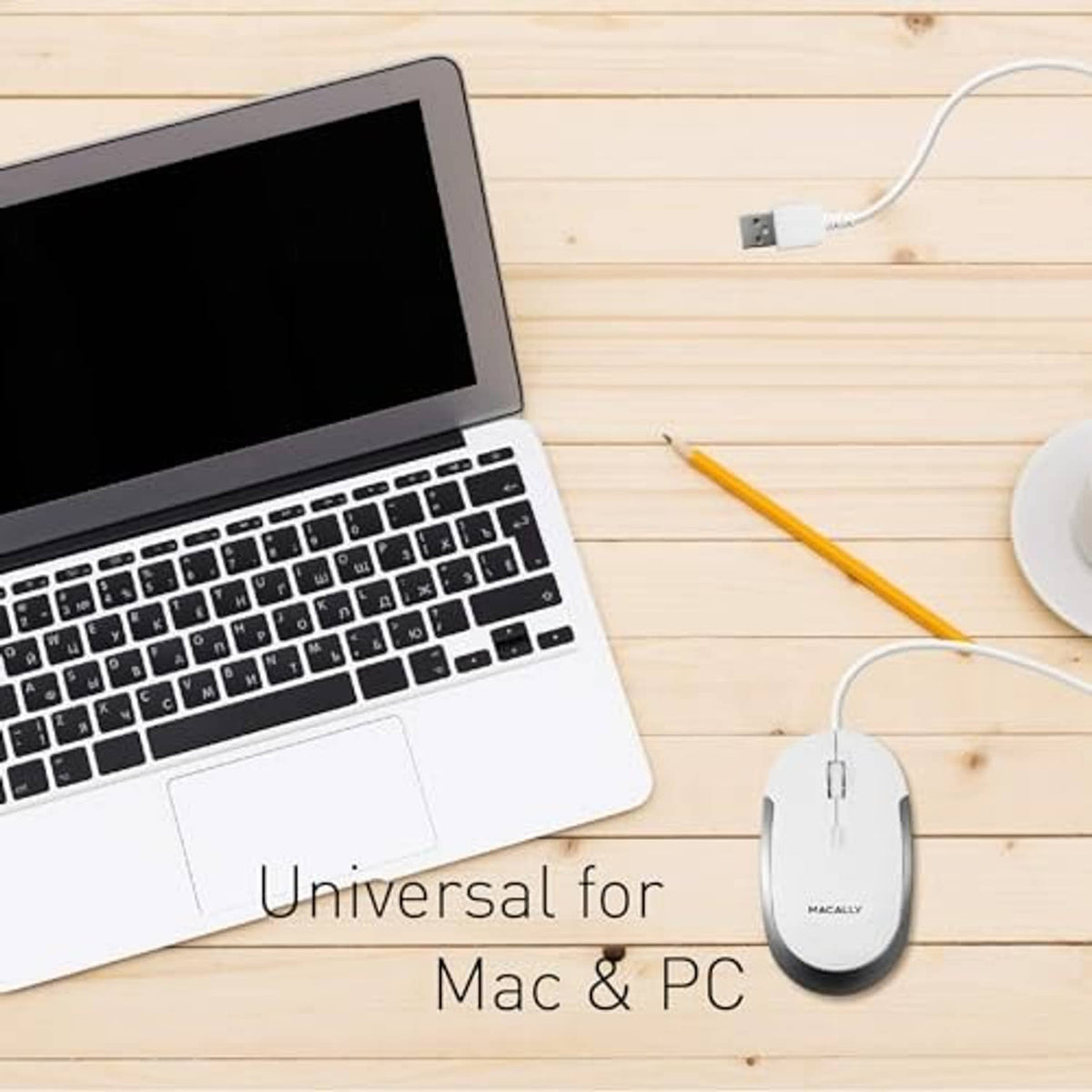 White wired computer mouse with USB cable, slim shape and scroll wheel area visible
