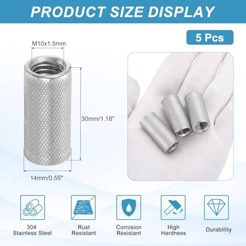 Single round knurled connector nut with internal threads, stainless steel finish