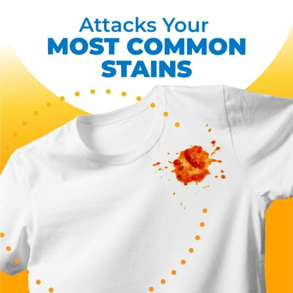 Laundry detergent promo on white T-shirt with orange stain spot graphic