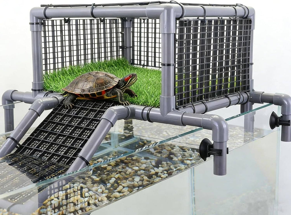 Turtle basking platform above tank with black non-slip ramp and gray metal frame