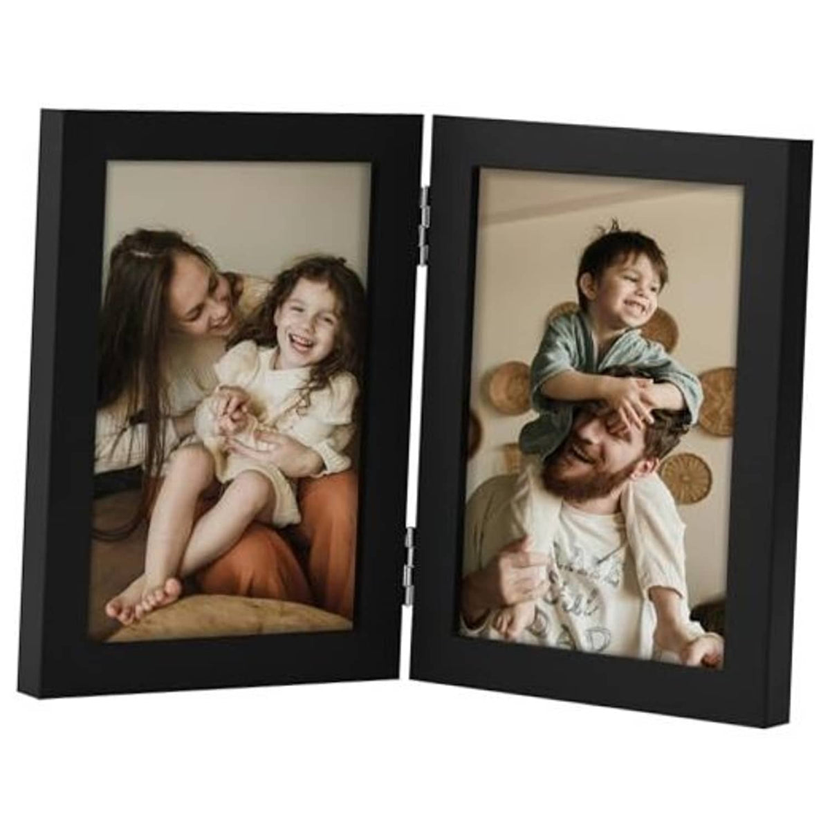 Vertical black double photo frame, hinged bifold display for two 4x6 photos