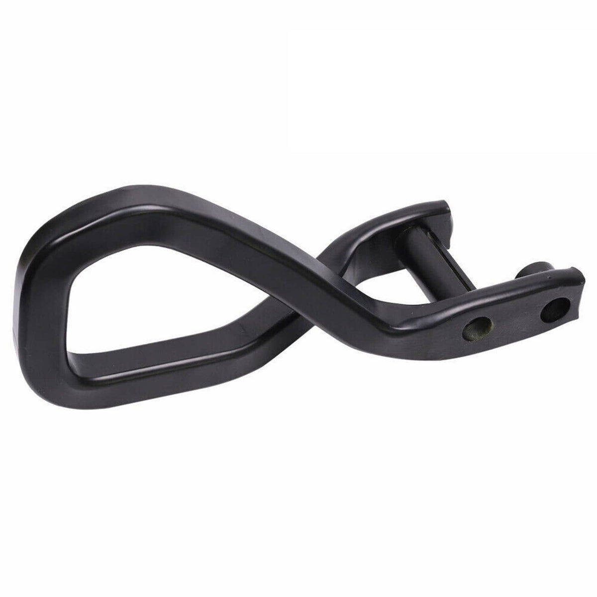 Black curved tow recovery hook with mounting plate and bolt hole