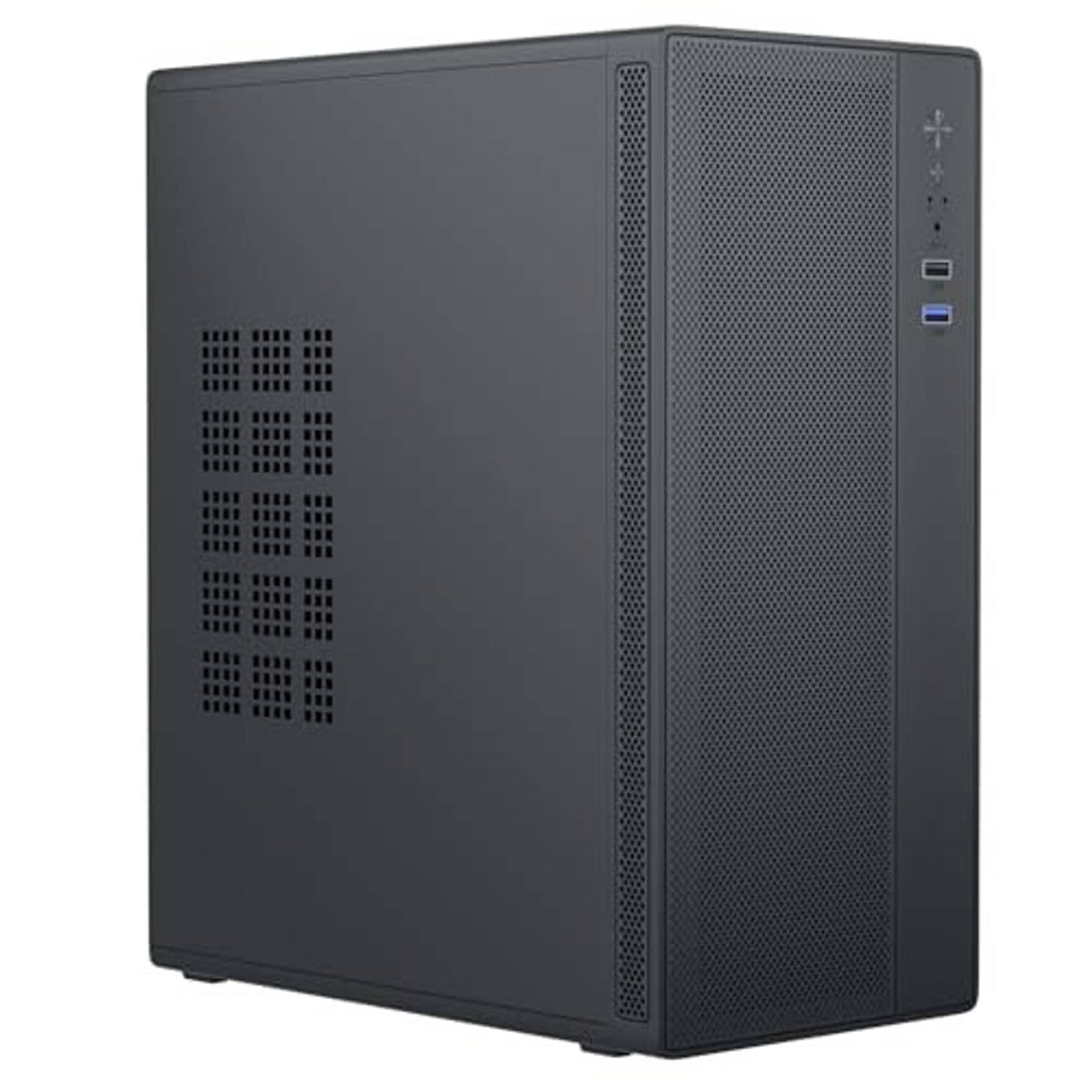 Black computer case with vented side grille and rear expansion cutouts