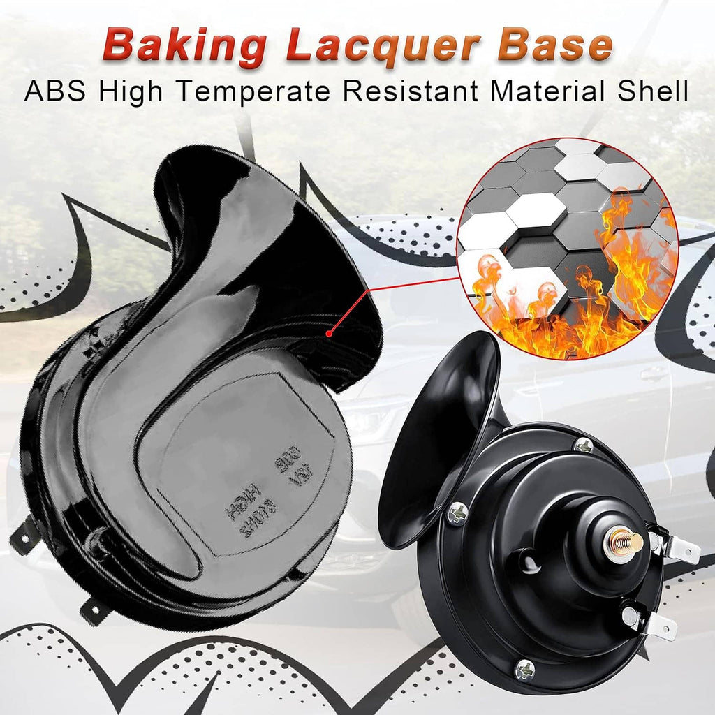 Dual electric car horns with glossy black snail housings and mounting hardware