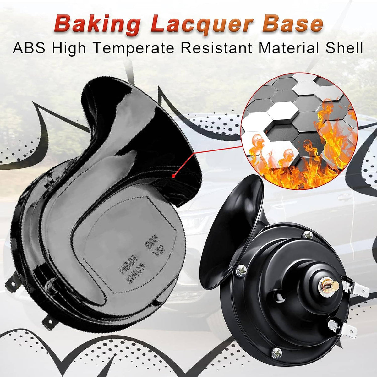 Dual electric car horns with glossy black snail housings and mounting hardware