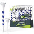 Mixed-size SAPLIZE golf tees in a box; white heads, blue-striped shafts