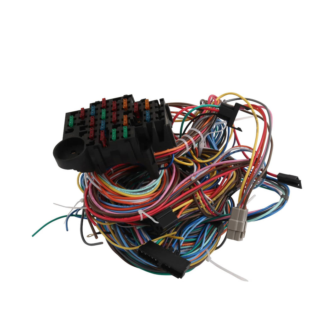 Universal wiring harness with multicolor wire bundle and black relay/fuse module plugs