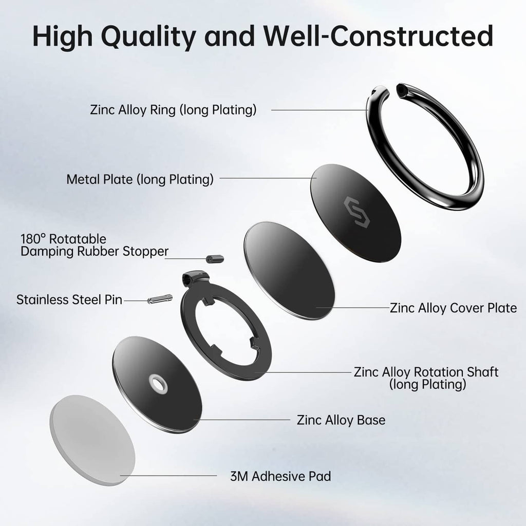 Black phone finger ring holder stand parts with ring, base, and adhesive pad