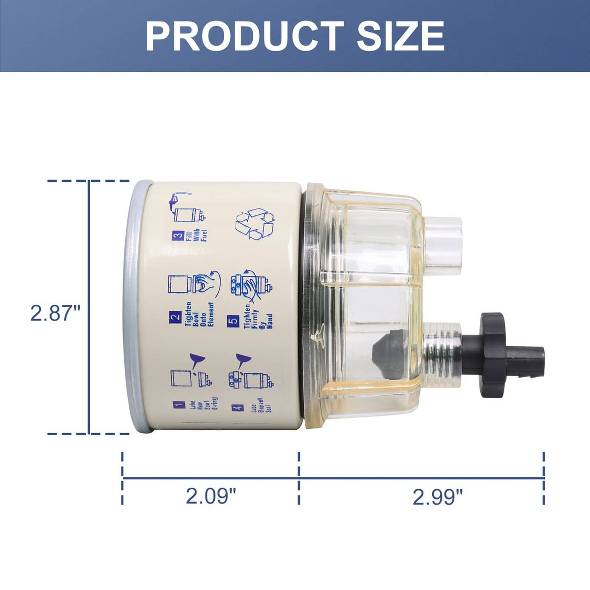 R12T fuel filter water separator spin-on unit with transparent housing and drain outlet