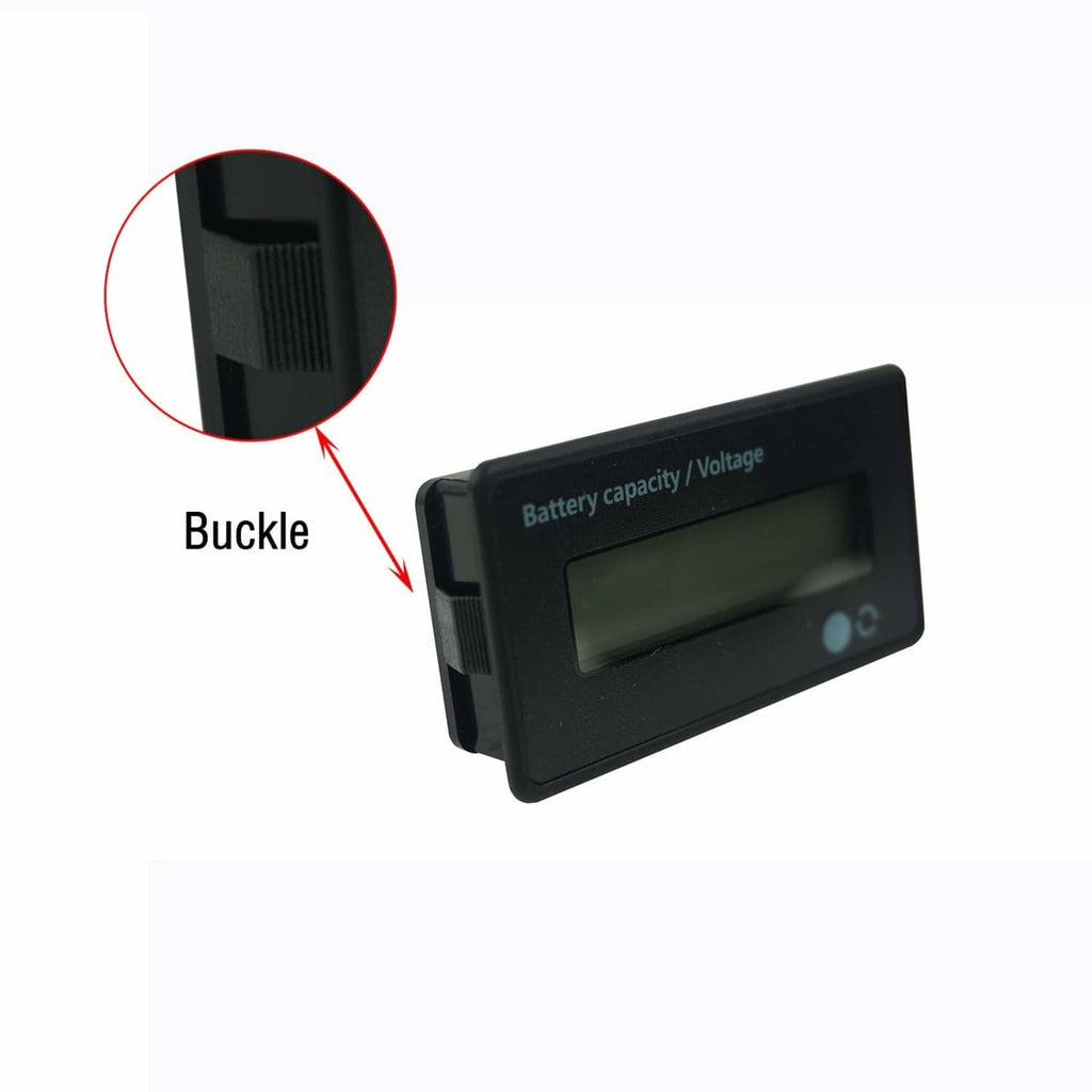 Battery meter with buckle-style mount detail on the side and LCD display