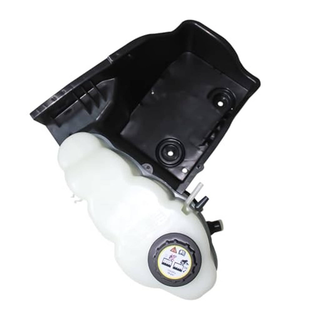 Engine coolant overflow recovery reservoir tank, white reservoir with cap and black mounting tray