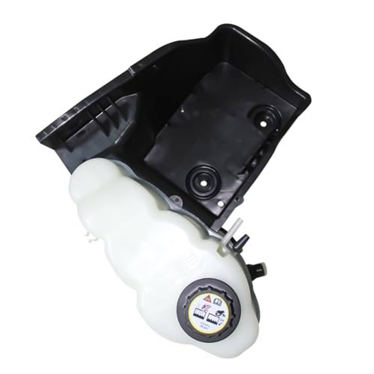 Engine coolant overflow recovery reservoir tank, white reservoir with cap and black mounting tray