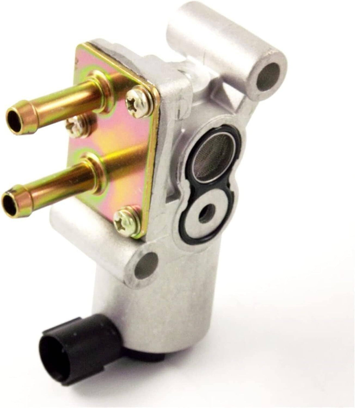 Idle Air Control Valve from side angle with rainbow base plate and silver metal body