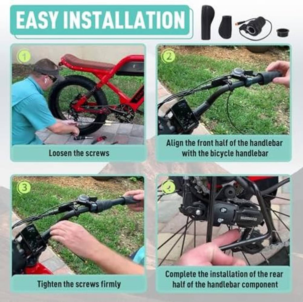 E-bike half-twist throttle components with cable, screws, and two black grips