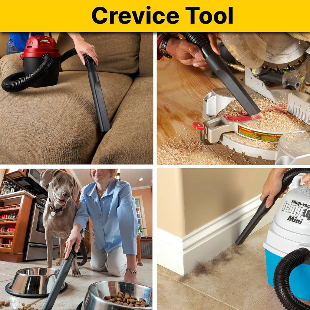 Black crevice tool nozzle with long slim nozzle for vacuuming edges and corners.