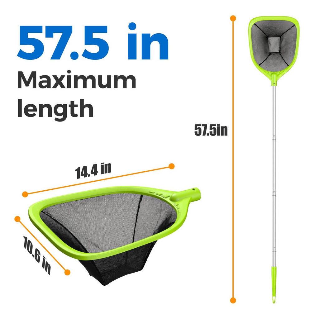 Lime green swimming pool skimmer net with gray mesh bag and extendable silver pole