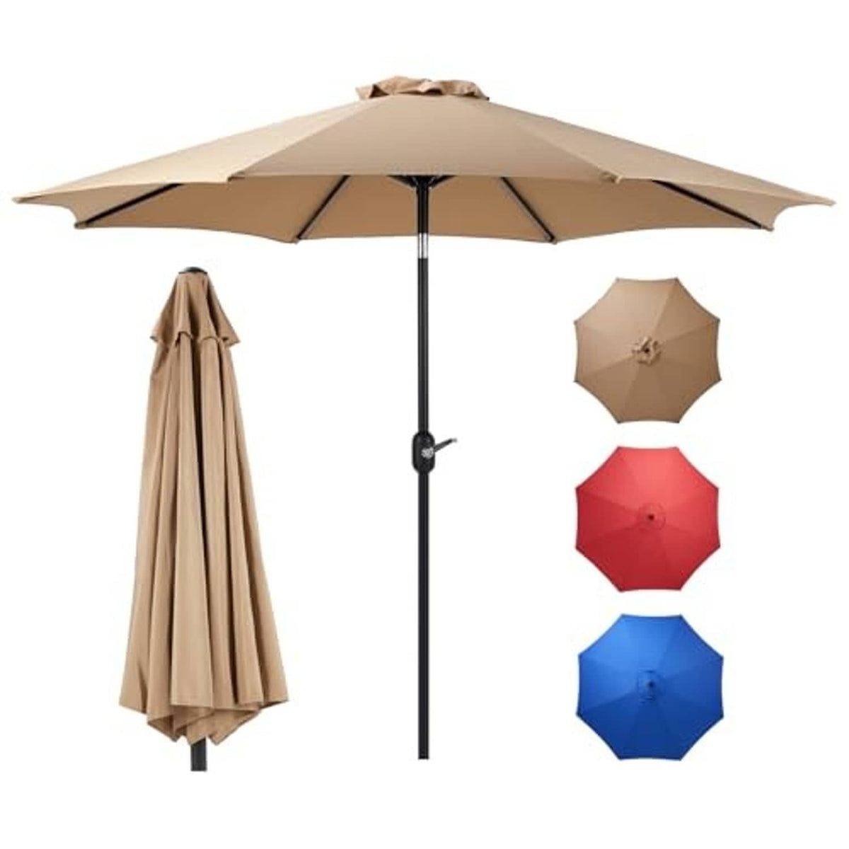 Tan patio umbrella open with crank pole and attached shade canopy; includes spare covers