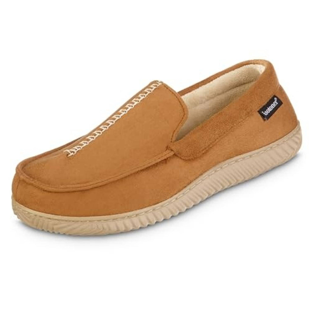 Cognac microsuede moccasin slipper with slip-on design and padded collar
