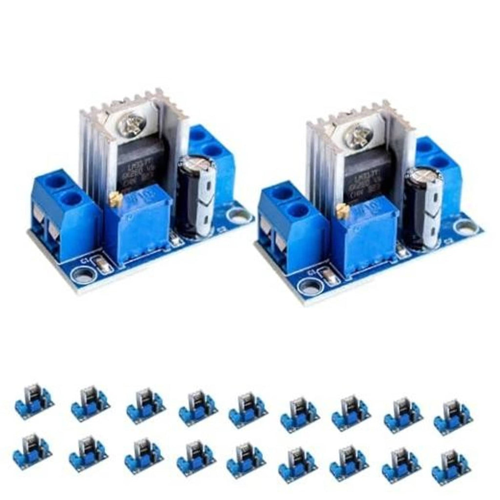 LM317 regulator module PCB with blue screw terminals and heat sink