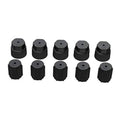 10 black AC valve caps, hex-top design with ribbed sides and protective cover
