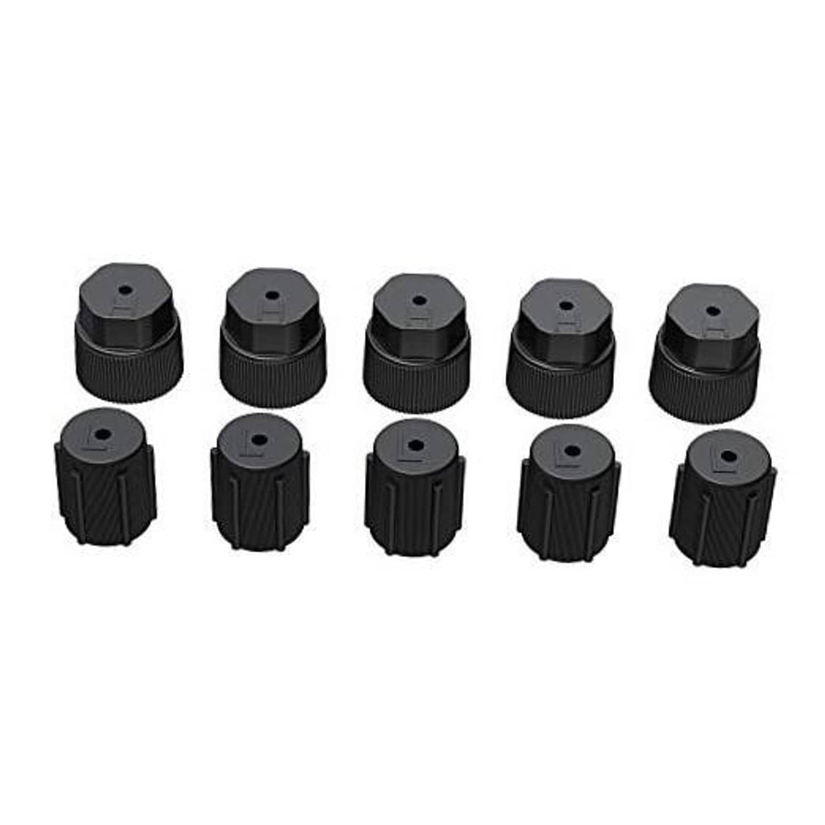 10 black AC valve caps, hex-top design with ribbed sides and protective cover