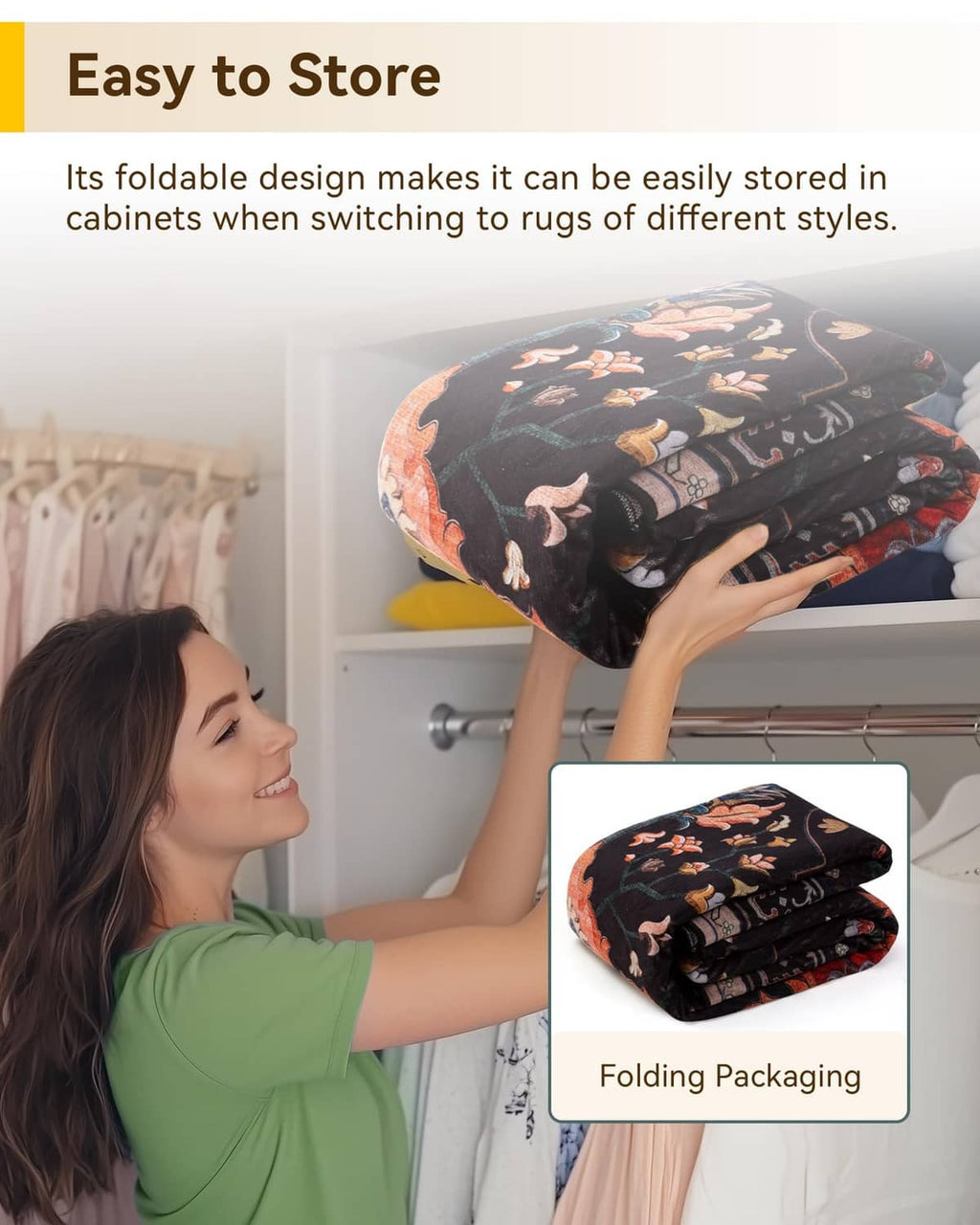 Foldable black area rug with multicolor floral pattern shown packed for closet storage