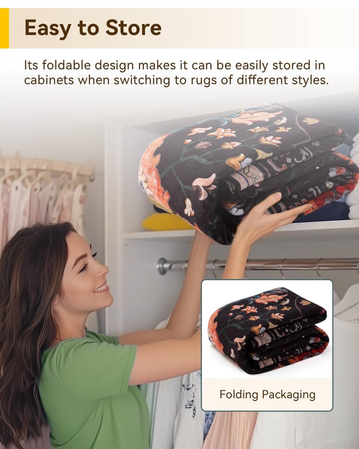 Foldable black area rug with multicolor floral pattern shown packed for closet storage
