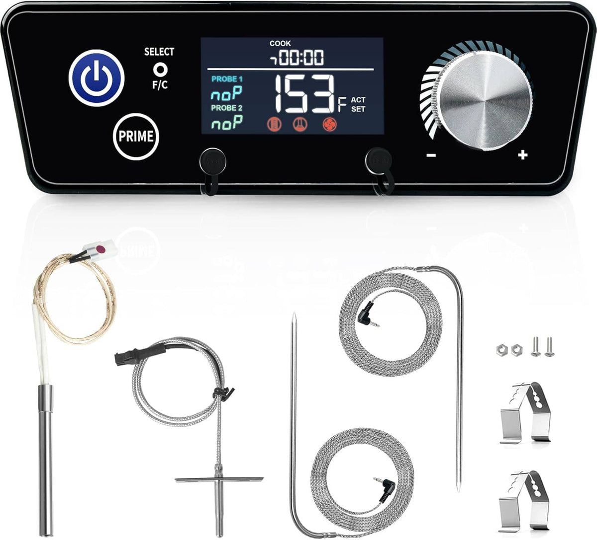 PID control board with digital thermostat display, large dial, and temperature probe kit