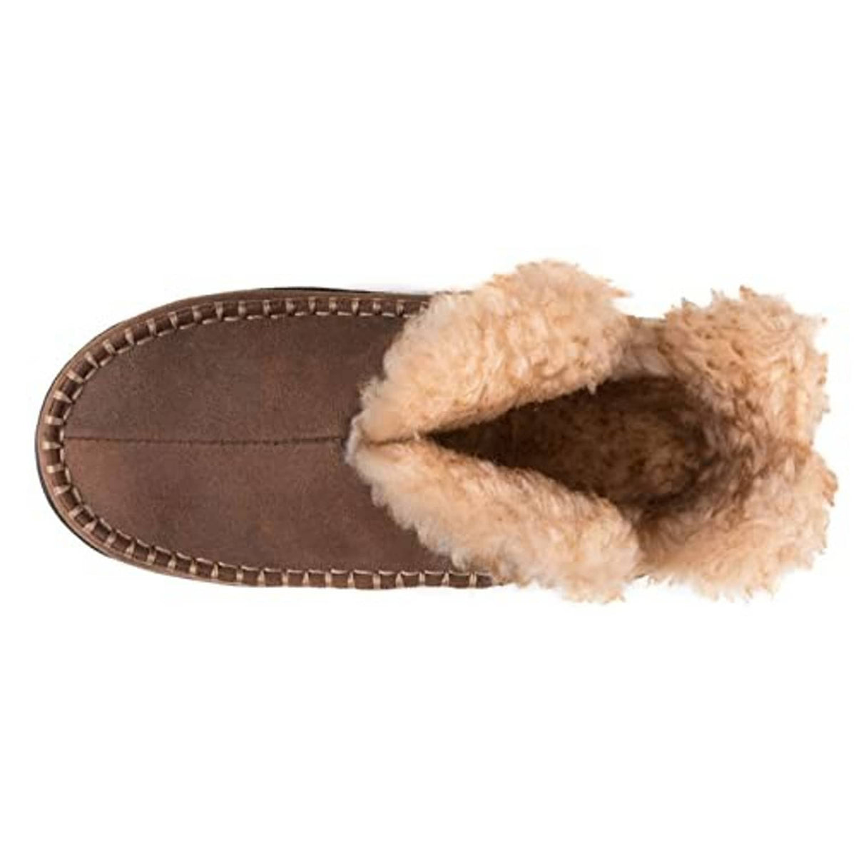 Brown moccasin bootie slipper with tan faux-fur interior lining, side view