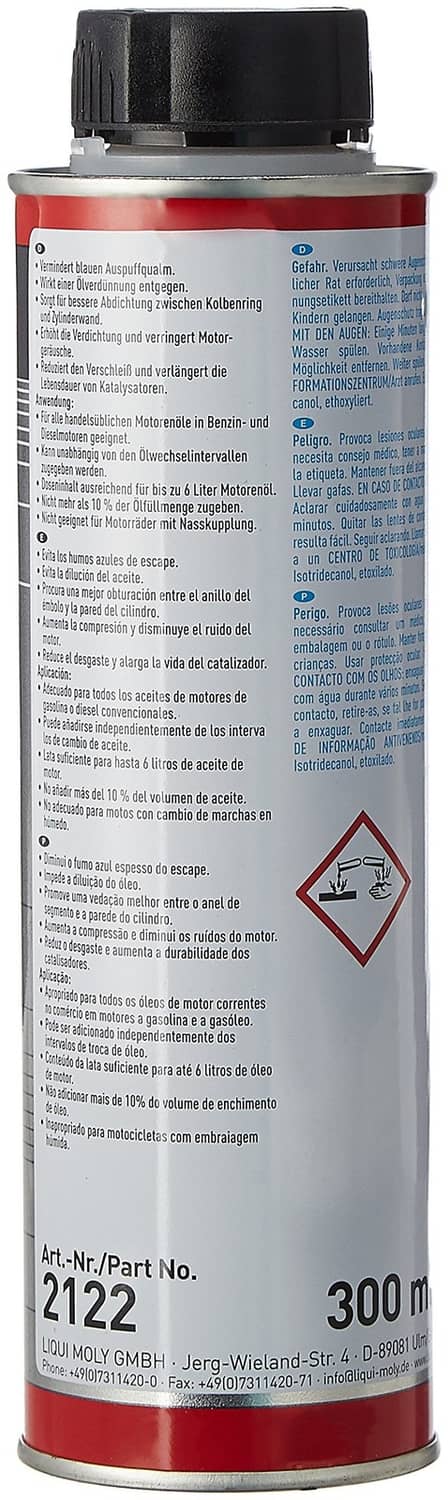 Liqui Moly Oil Smoke Stop 300 ml spray can, back label with instructions and warning