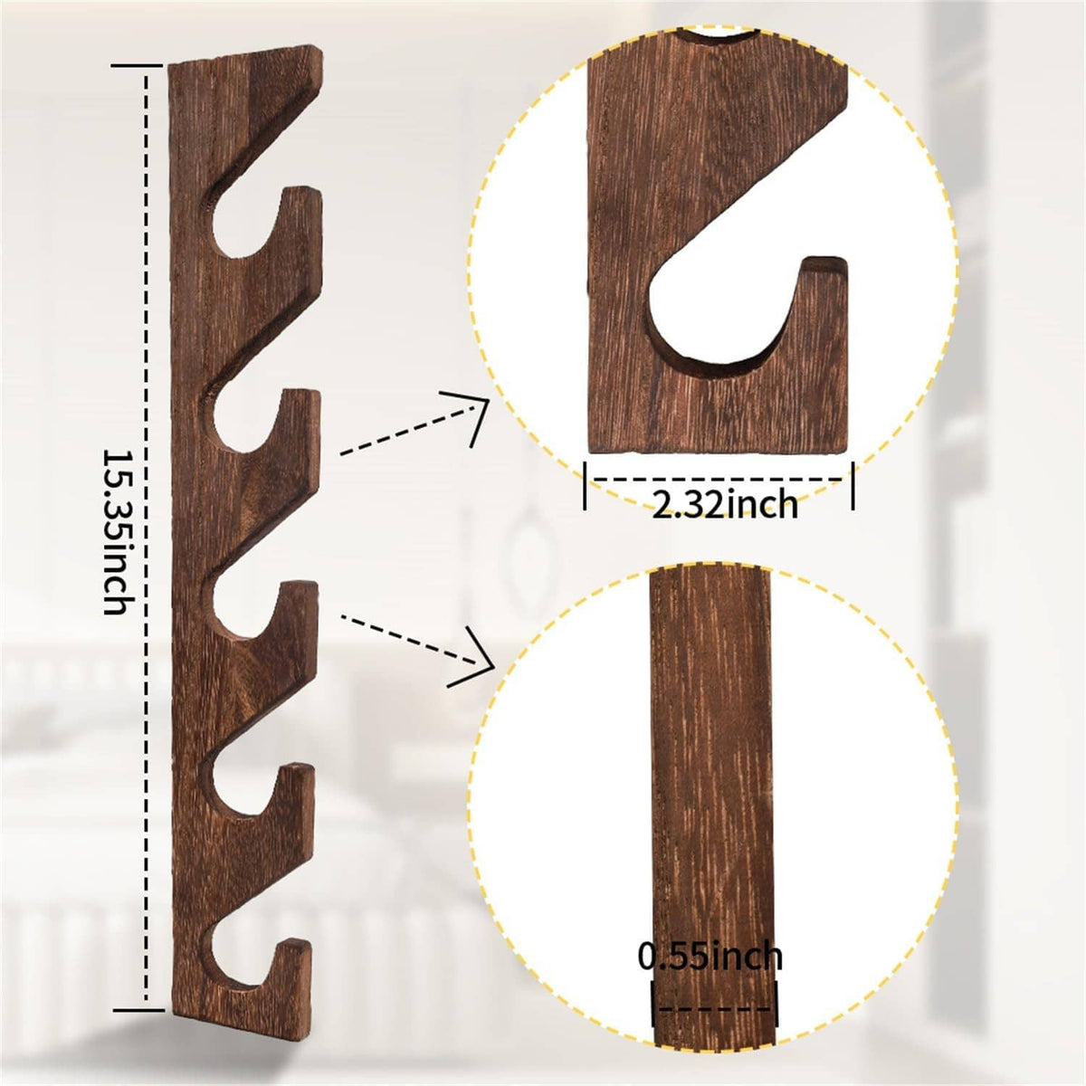 Wooden wall-mounted baseball cap rack with hook slots and size measurement markings
